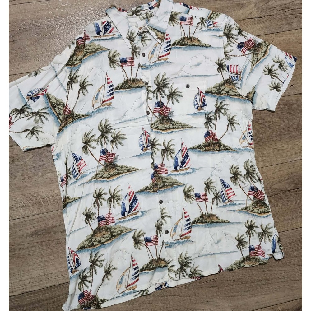 The Foundry Big & Tall 2XLT Hawaiian Shirt 4th of July USA‎ Flag Sailboat Rayon